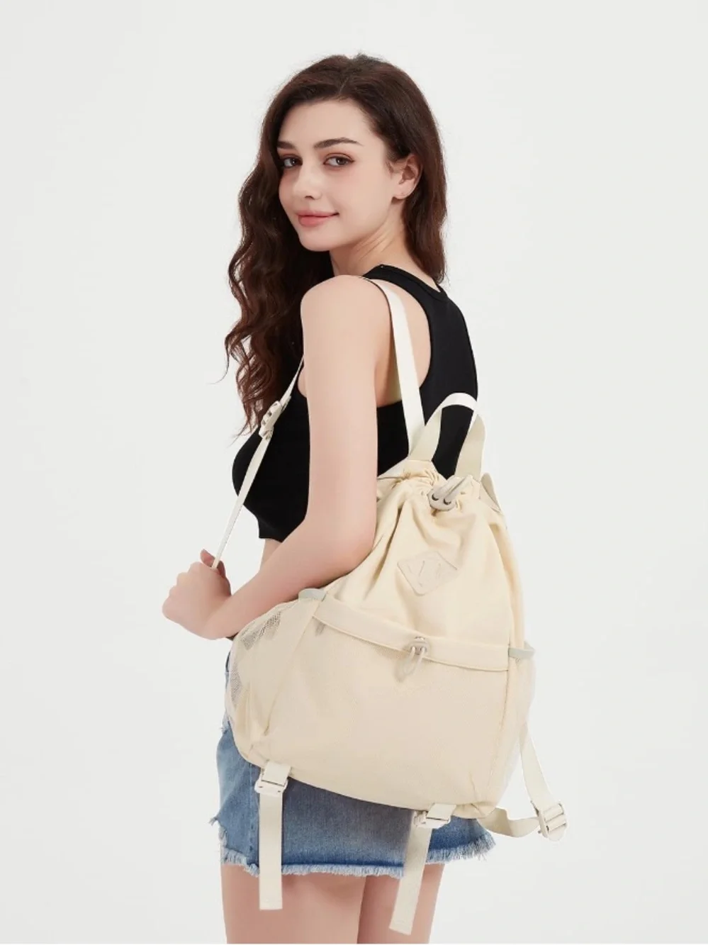 Light Mint Drawstring Backpack with Mesh Pockets